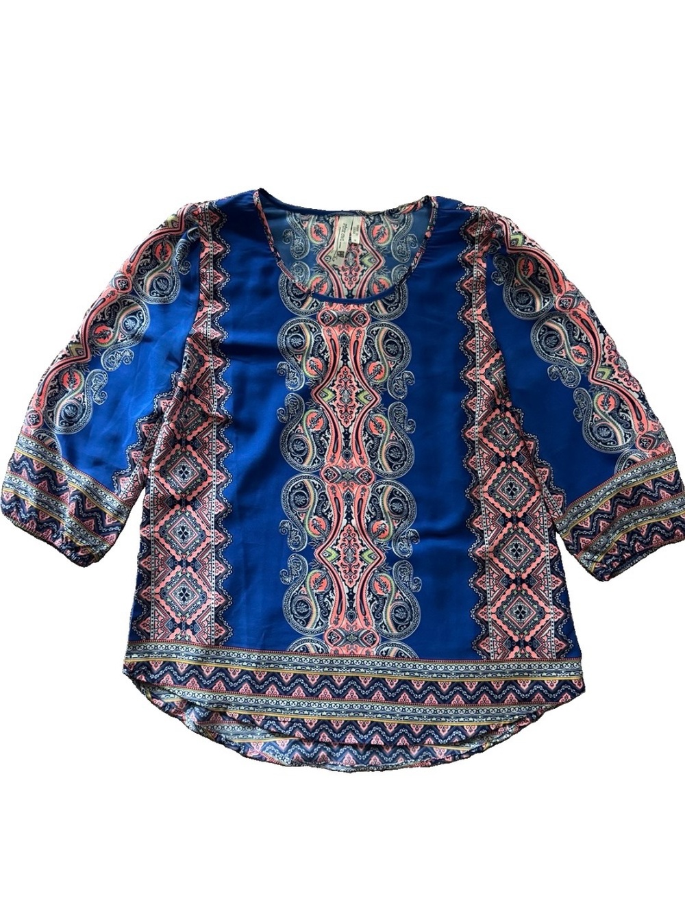 Boho Paisley Tunic Blouse M Blue Coral 70s Hippie Festival Pink Owl - Picture 7 of 10